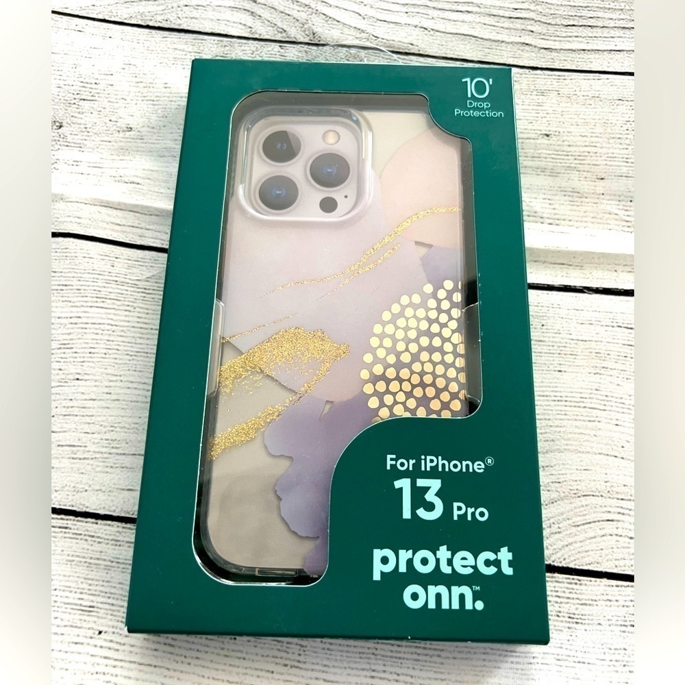 Protect Onn iPhone 13 Case. Clear w/Purple & Gold 10ft Drop Protection NWT